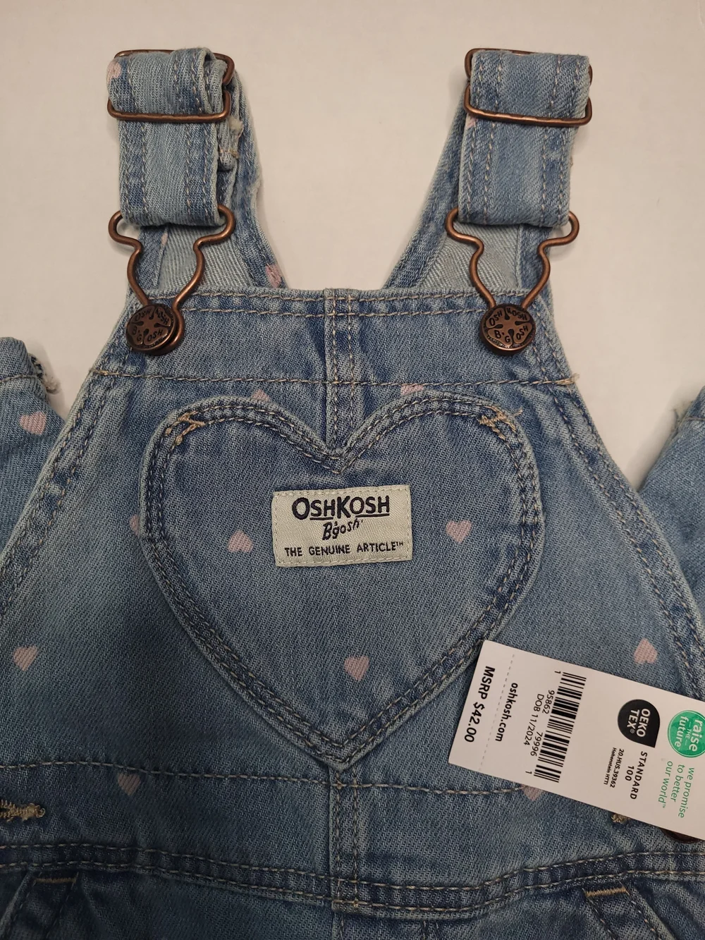 NWT OshKosh B'gosh Light Blue Denim Overalls with Pink Heart Print SIZE 9